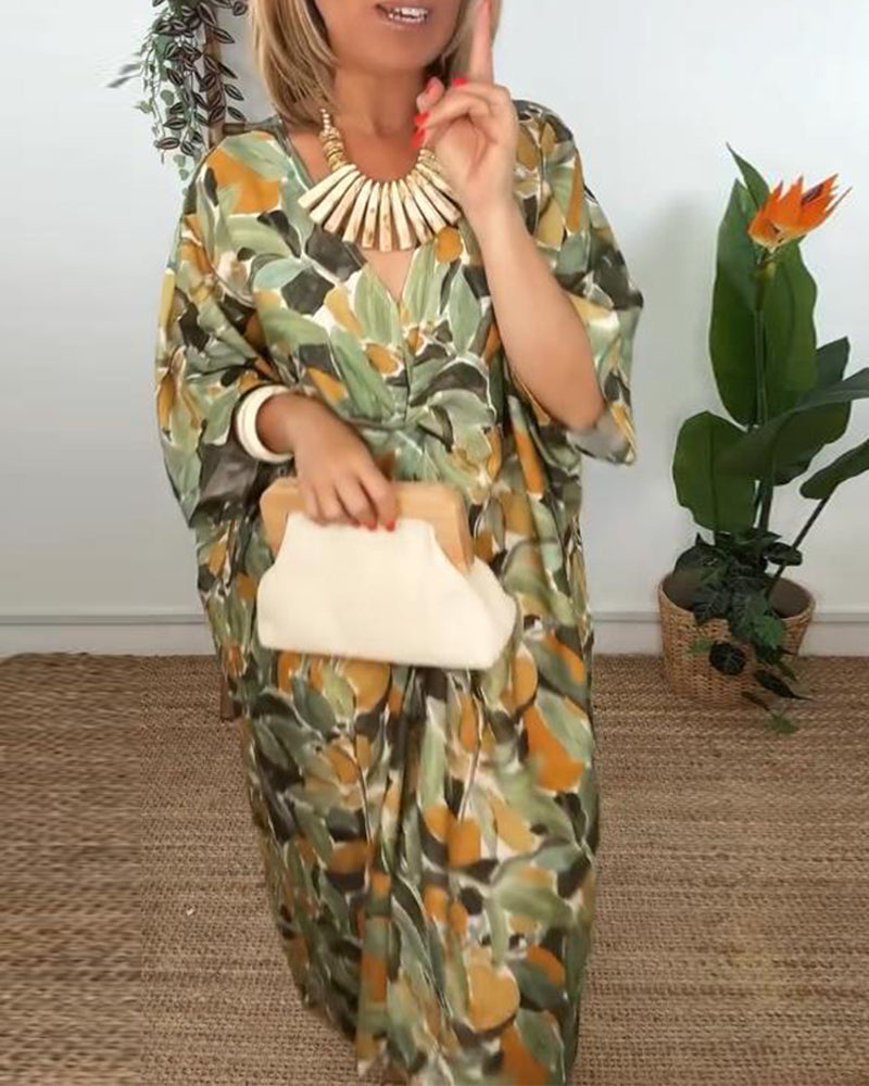 Kleid V-Ausschnitt Falten Print