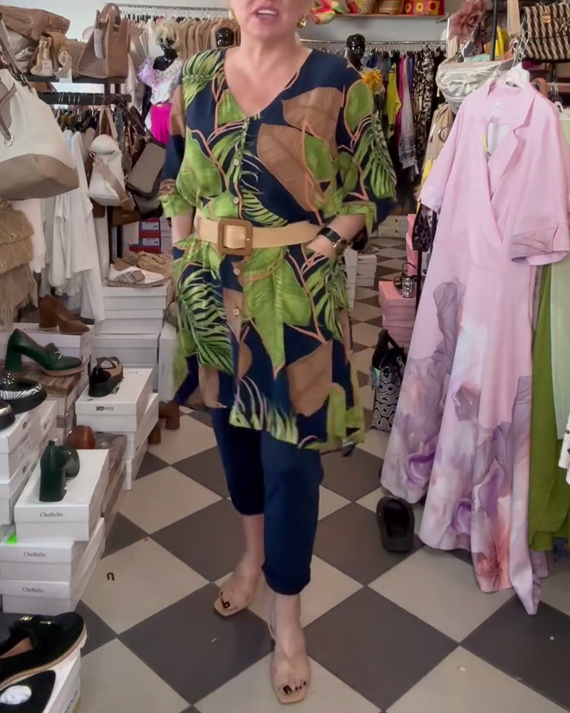 Lockeres Kleid Mit Blattmuster Und V-Ausschnitt