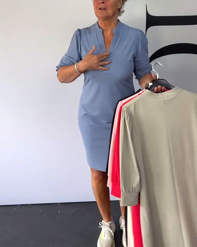 Kleid V-Ausschnitt Einfarbig Gerade Hüfte