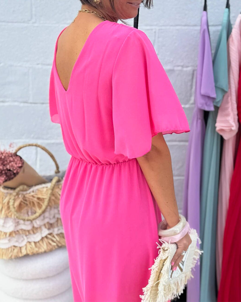 Kleid Einfarbig V-Ausschnitt Taille Chiffon