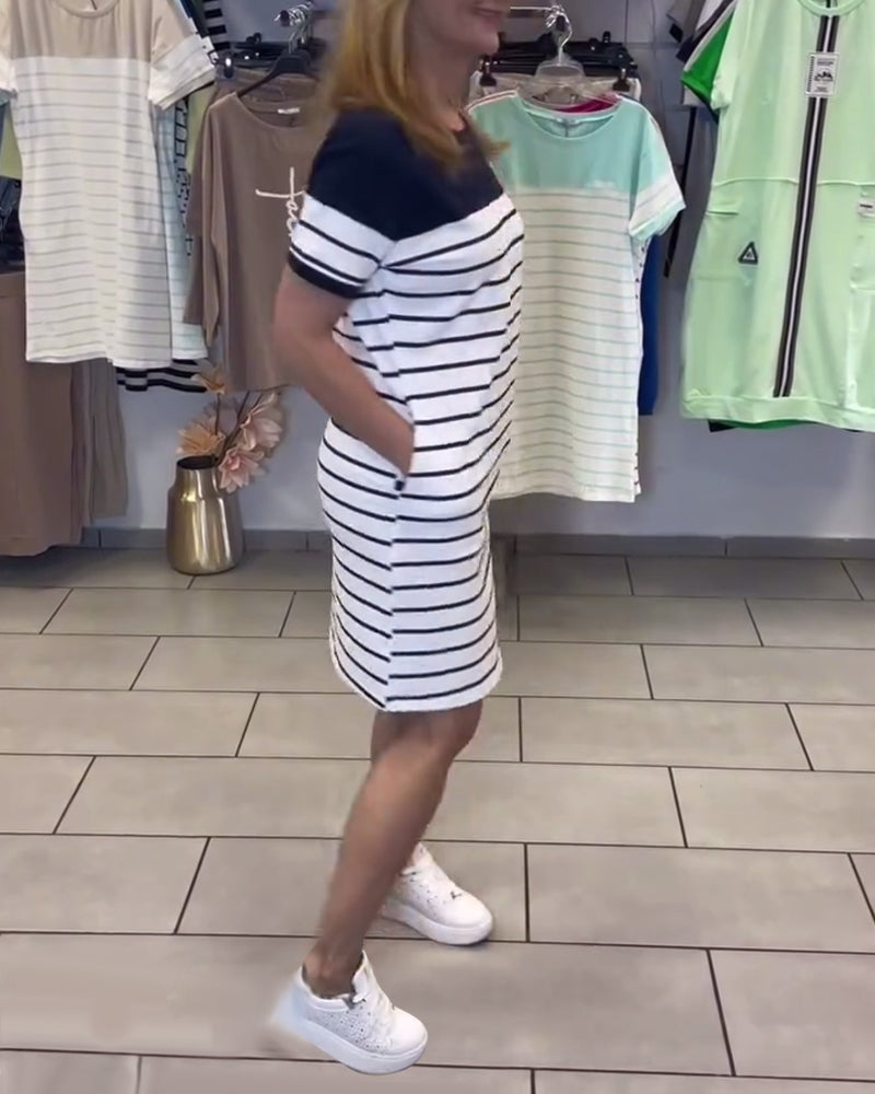 Kleid Rundhals-Ausschnitt Casual Gestreift