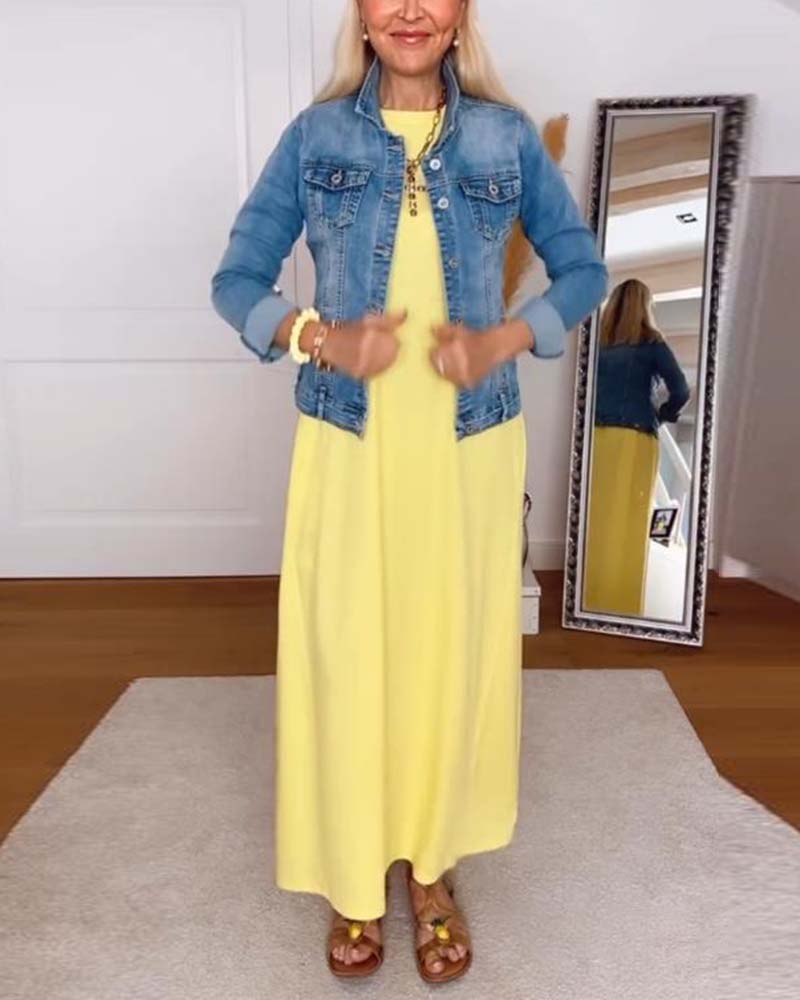 Kleid Casual Rundhals Uni-Farben Gerade