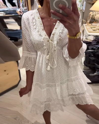 Kleid Trompetenärmel Spitze Hohles Design Schleife