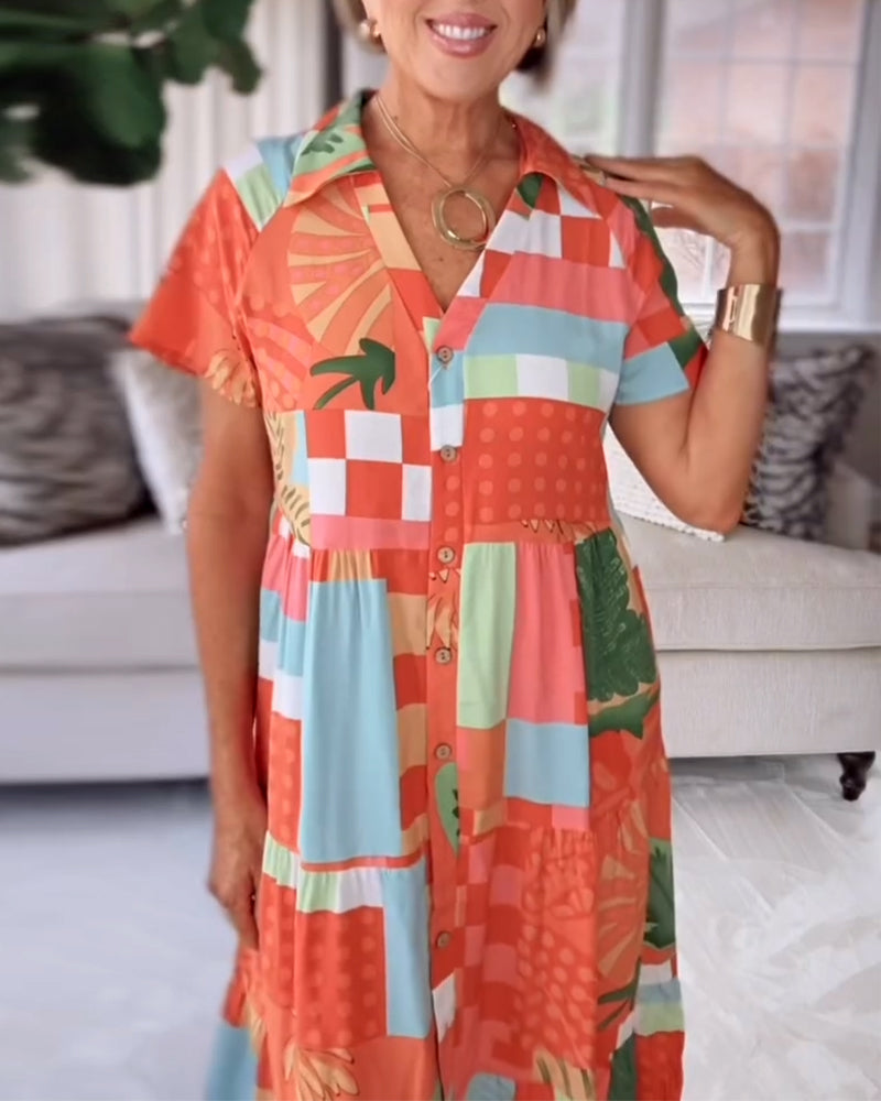 Kleid V-Ausschnitt Kurzärmelig Bedruckt Lässig