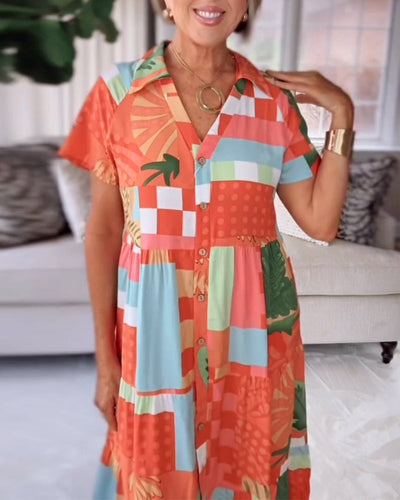 Kleid V-Ausschnitt Kurzärmelig Bedruckt Lässig