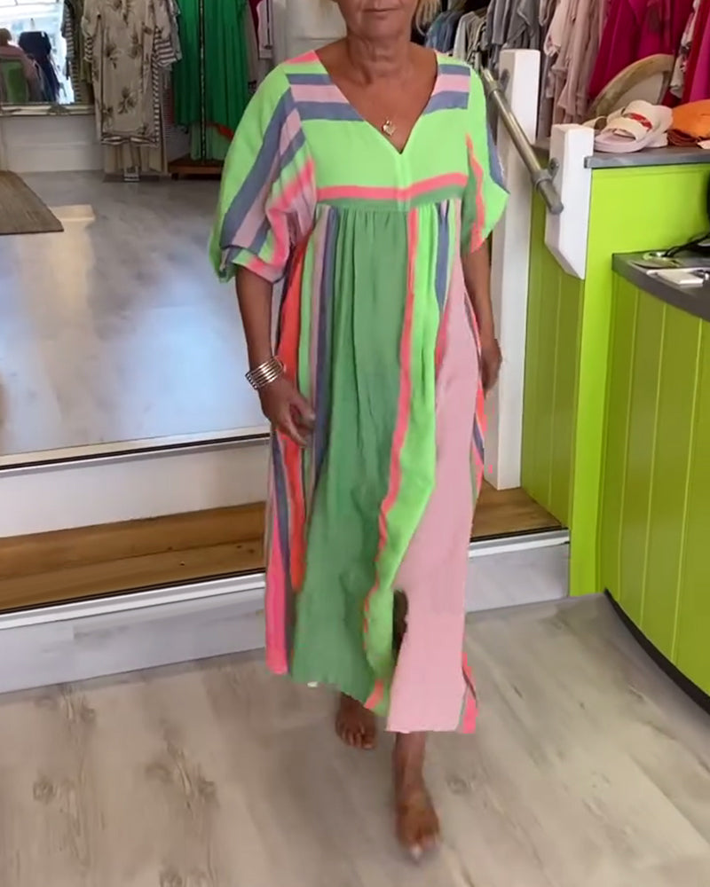 Kleid V-Ausschnitt Laternenärmel Geometrischer Druck Übergroß