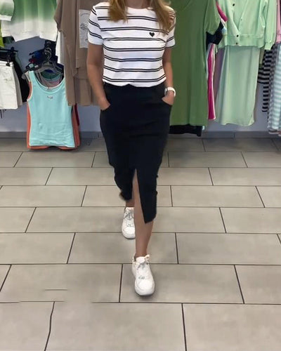 Set Runder Ausschnitt Gestreifter Schlitzrock