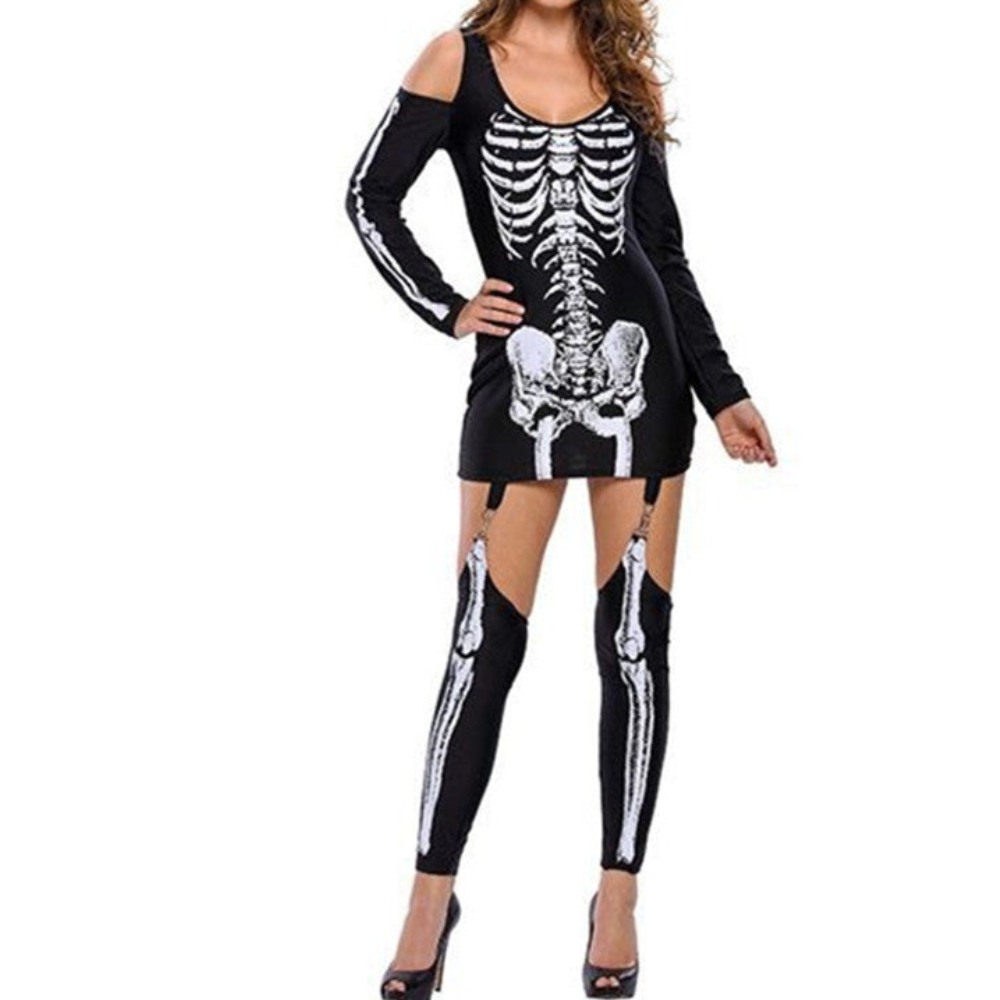 Damen Halloween-Kostüm Set | Schulterfrei & Mit Knochenprint