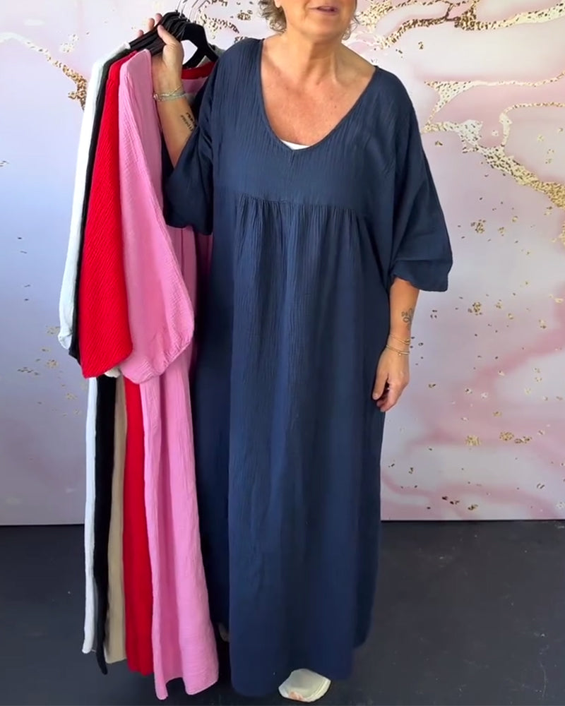 Kleid Waldstil V-Ausschnitt Falten Einfarbig