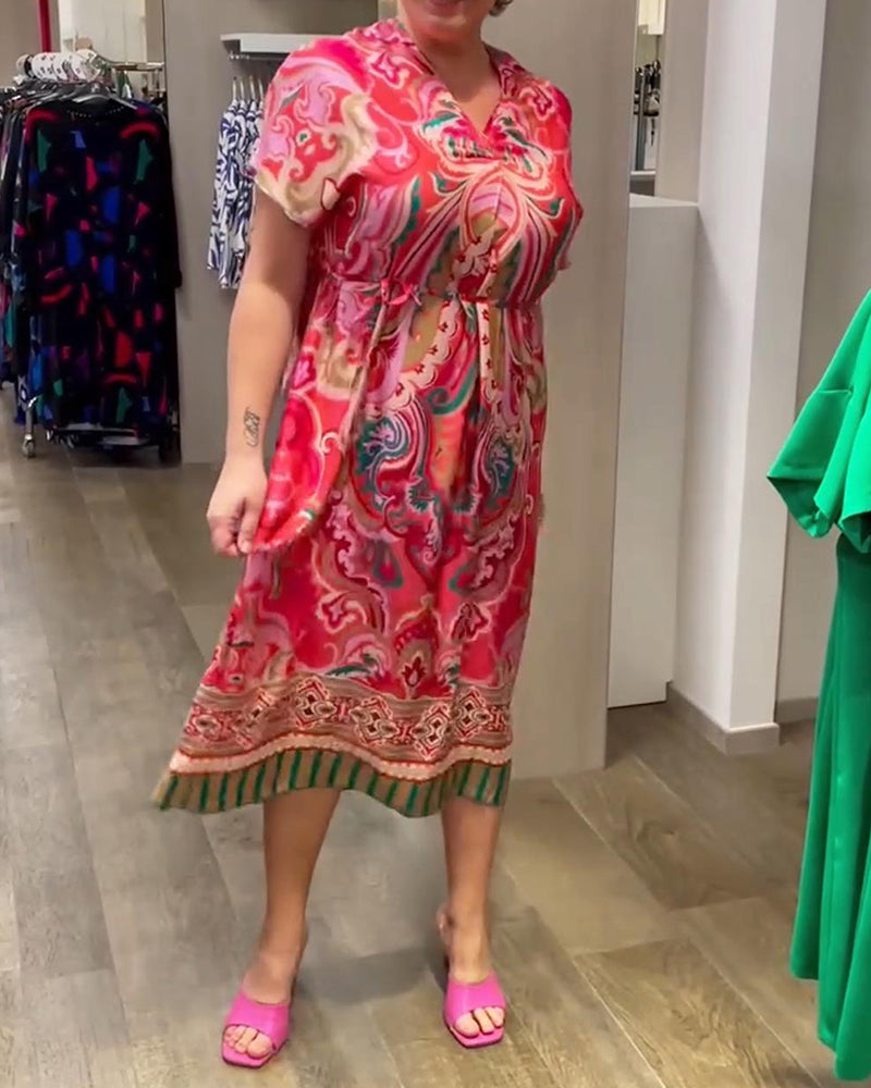 Kleid V-Ausschnitt Bedruckt Kurzärmelig Locker