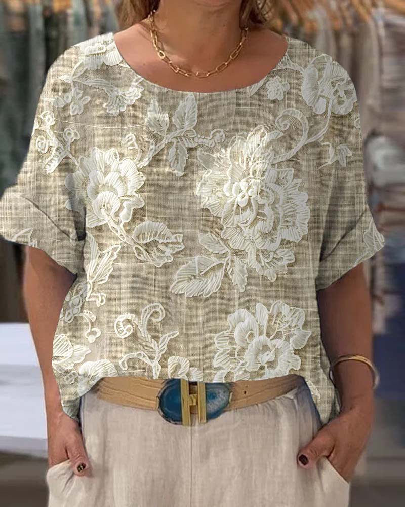 T-Shirt Mit Rundem Hals Retro Blumen Stil