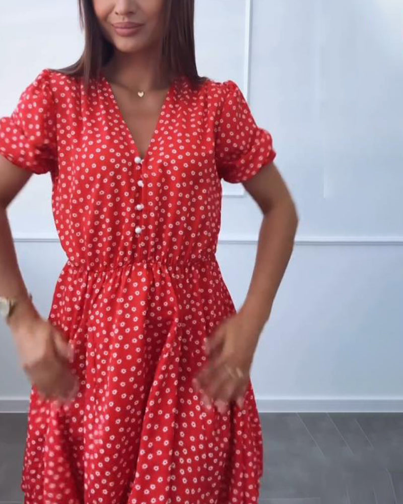 Kleid Punktmuster Druck Knopf V-Ausschnitt