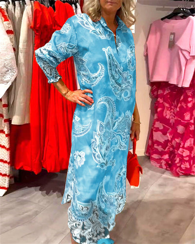 Kleid Stehkragen Langarm Cashew Druck