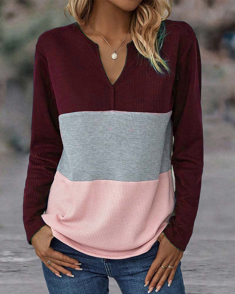 V-Ausschnitt Pullover mit Farbblockmuster für Frauen