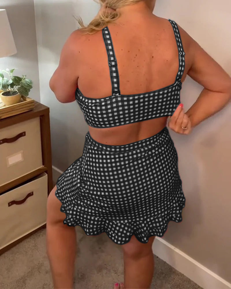 Badeanzug lässiger Träger karierter Druck zweiteilig