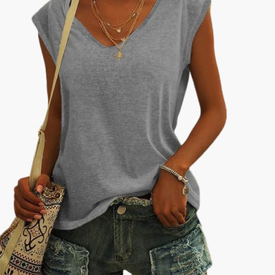 Damen V-Ausschnitt Top mit Cap-Ärmeln und Stretchmaterial