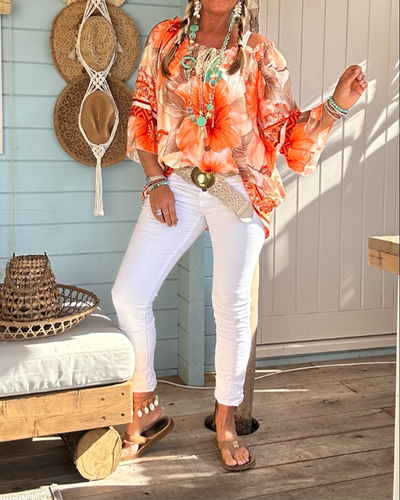 Bluse Off-Shoulder Resort-Print