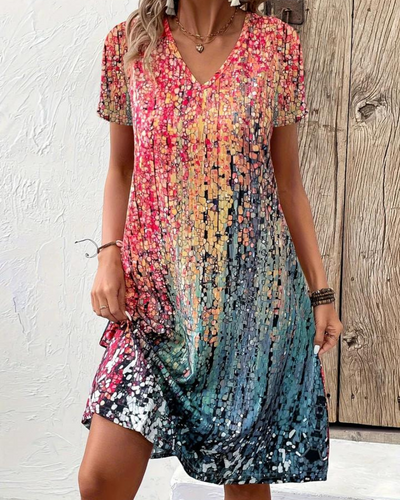 Bedrucktes V-Ausschnitt Midikleid für Damen