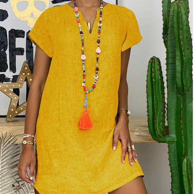 V-Ausschnitt Leinenkleid für Damen