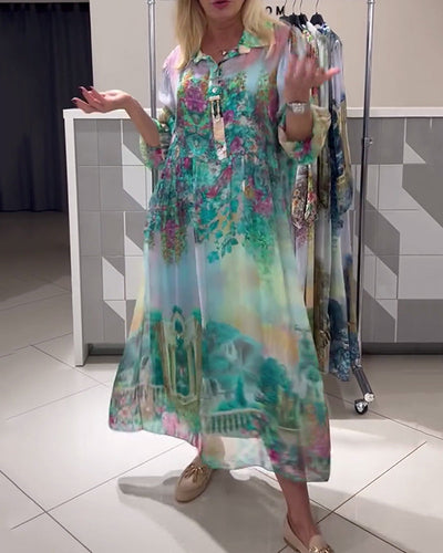 Kleid Laternenärmel Hemdkragen bedruckt lang