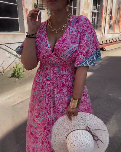 Kleid V-Ausschnitt Bedruckte Taille