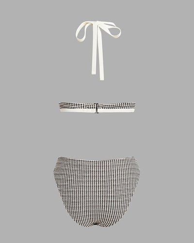 Badeanzug Deep V Karo Kontrastfarbe Zweiteilig