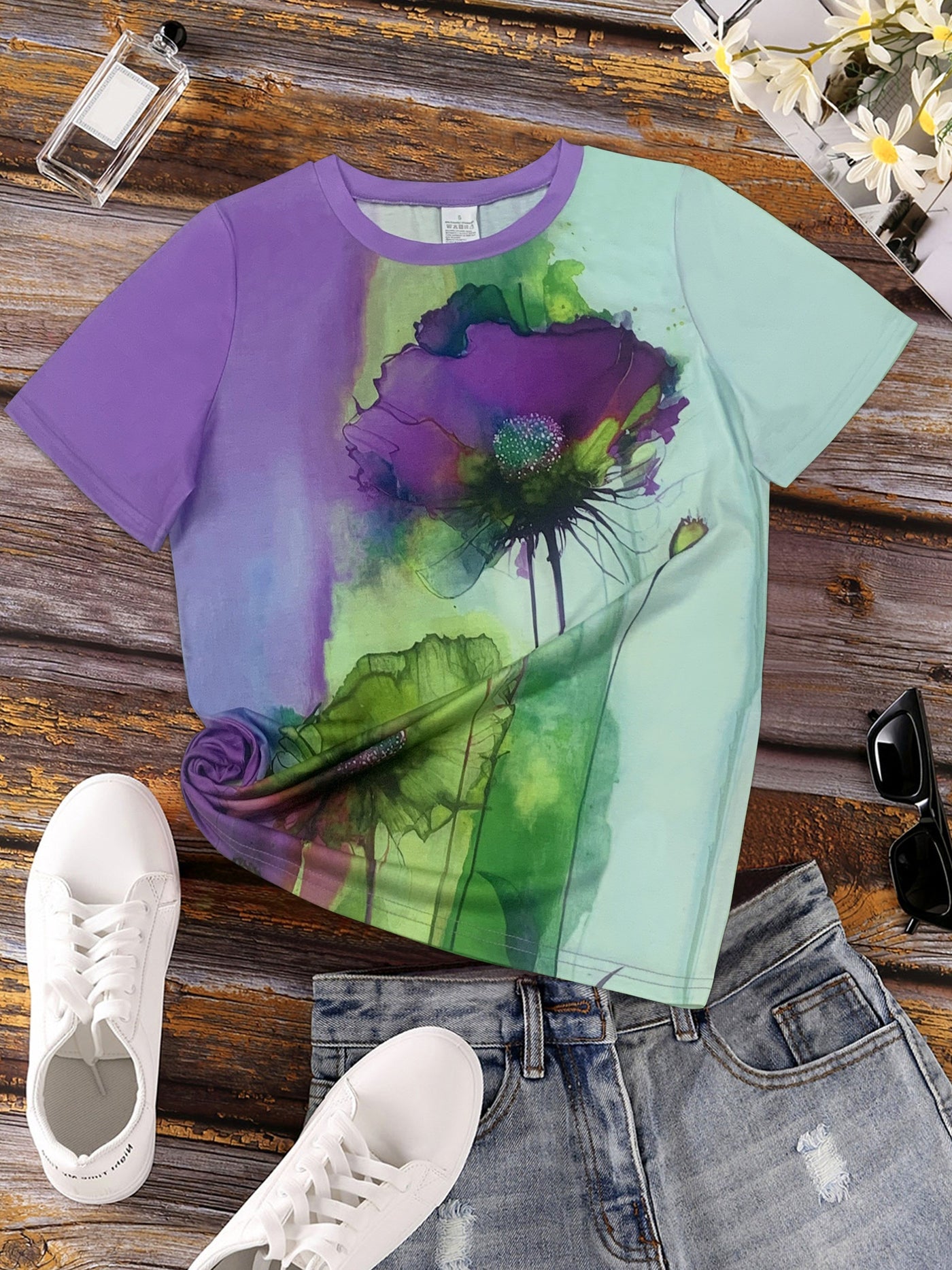 Heidi-Mode | Blumenprint Farbblock T-Shirt mit Kurzarm