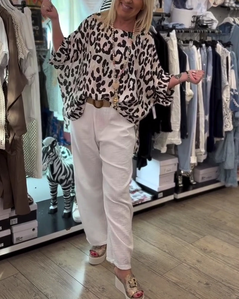 Bluse mit Rundhalsausschnitt Leopardenmuster locker