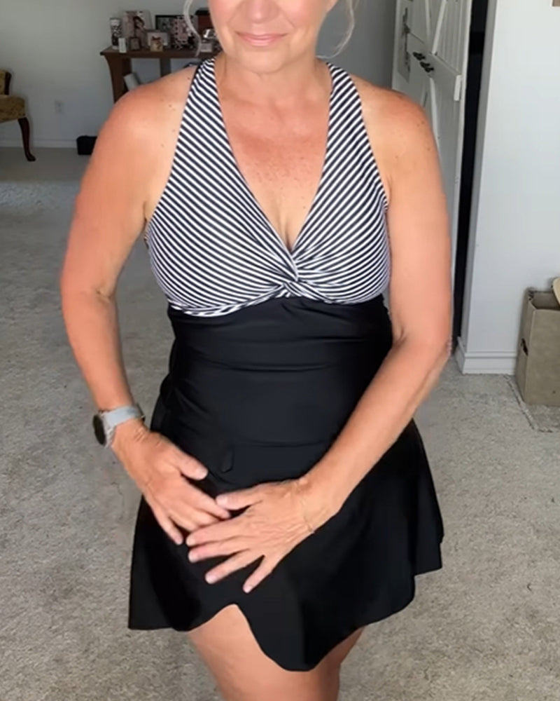 Badeanzug Sexy V-Ausschnitt gestreift Kontrast