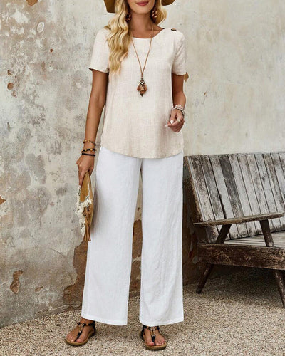 T-Shirt Rundhals Baumwolle Und Leinen Kurzärmlig