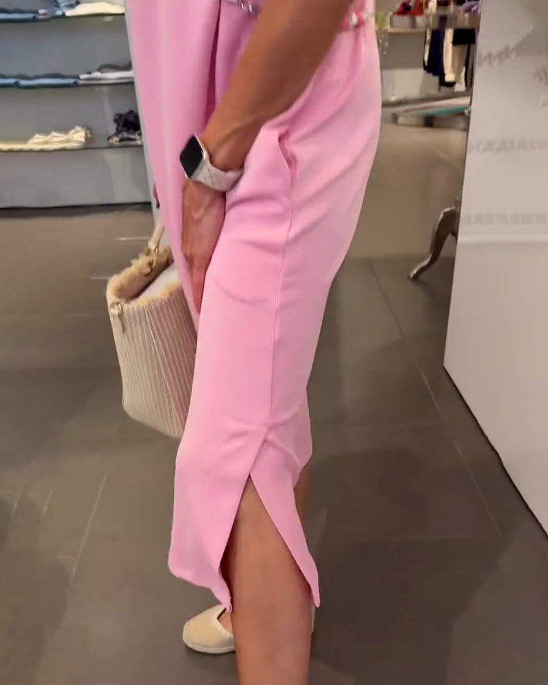 Kleid Lotusblatt-Ärmel V-Ausschnitt Lässiger Schlitz