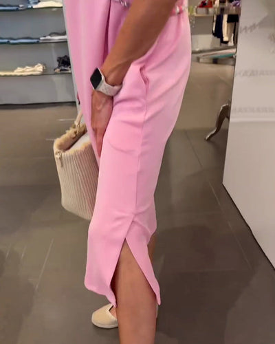 Kleid Lotusblatt-Ärmel V-Ausschnitt Lässiger Schlitz