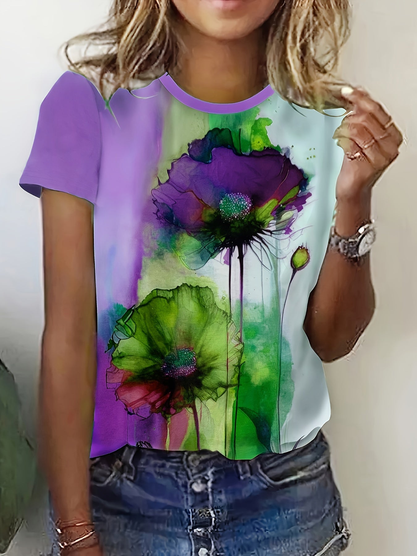 Heidi-Mode | Blumenprint Farbblock T-Shirt mit Kurzarm