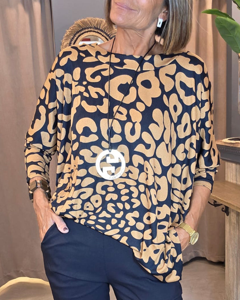 Bluse Runder Hals Fledermausärmel Druck