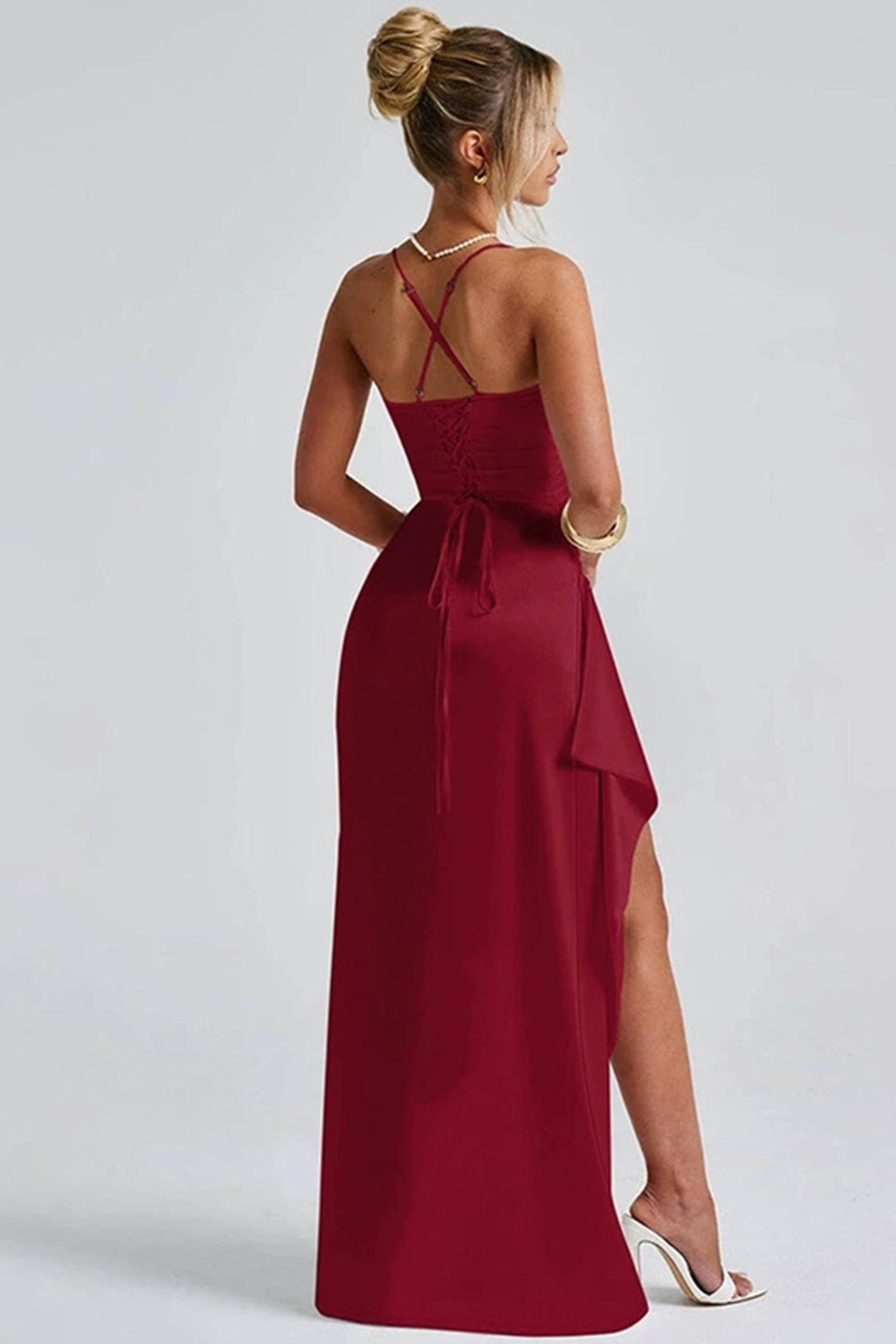 Damenkleid aus Satin mit V-Ausschnitt und langen Ärmeln – Elegant für Abend & Anlass