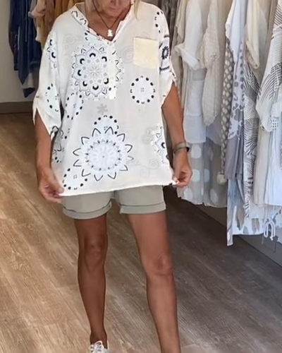 Bluse Vielseitig V-Ausschnitt Bedruckt Halbe Ärmel