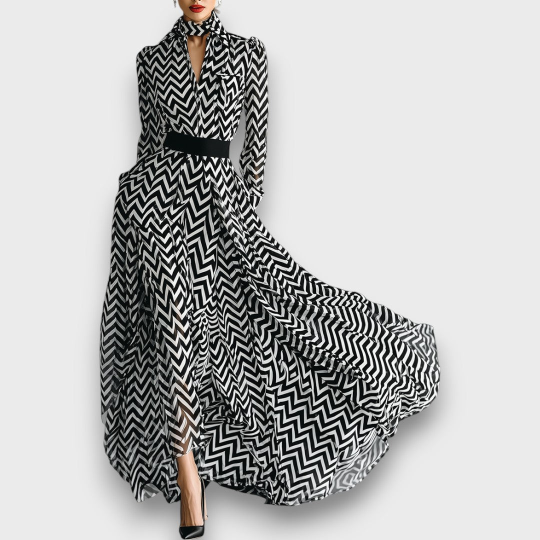 Zarielle – Maxi-Chiffonkleid mit Schwarz-Weiß-Muster