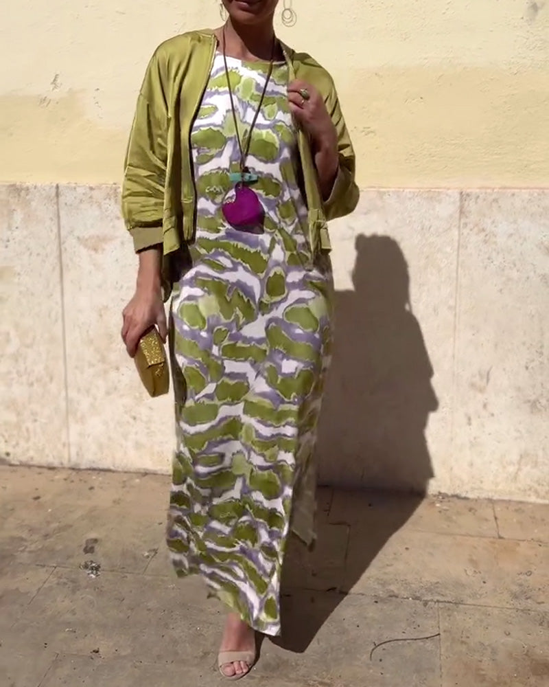 Set Ärmellos Gedrucktes Kleid Und Mantel