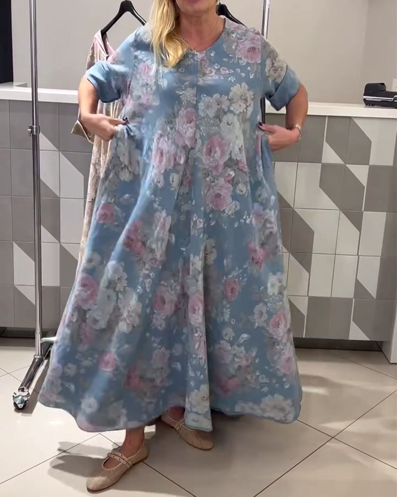 Kleid V-Ausschnitt Blumenmuster A-Linie