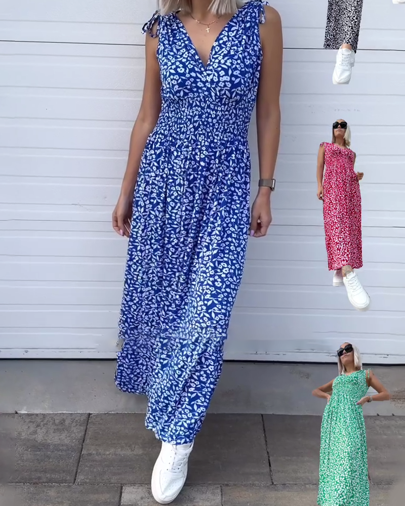 Kleid Ärmellos Taille Geblümt Lang