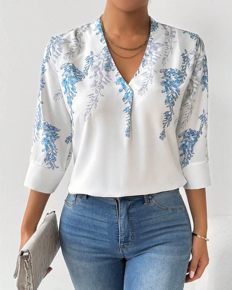 Bluse Dreiviertelärmel V-Ausschnitt Bedruckt