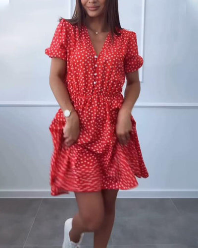 Kleid Punktmuster Druck Knopf V-Ausschnitt