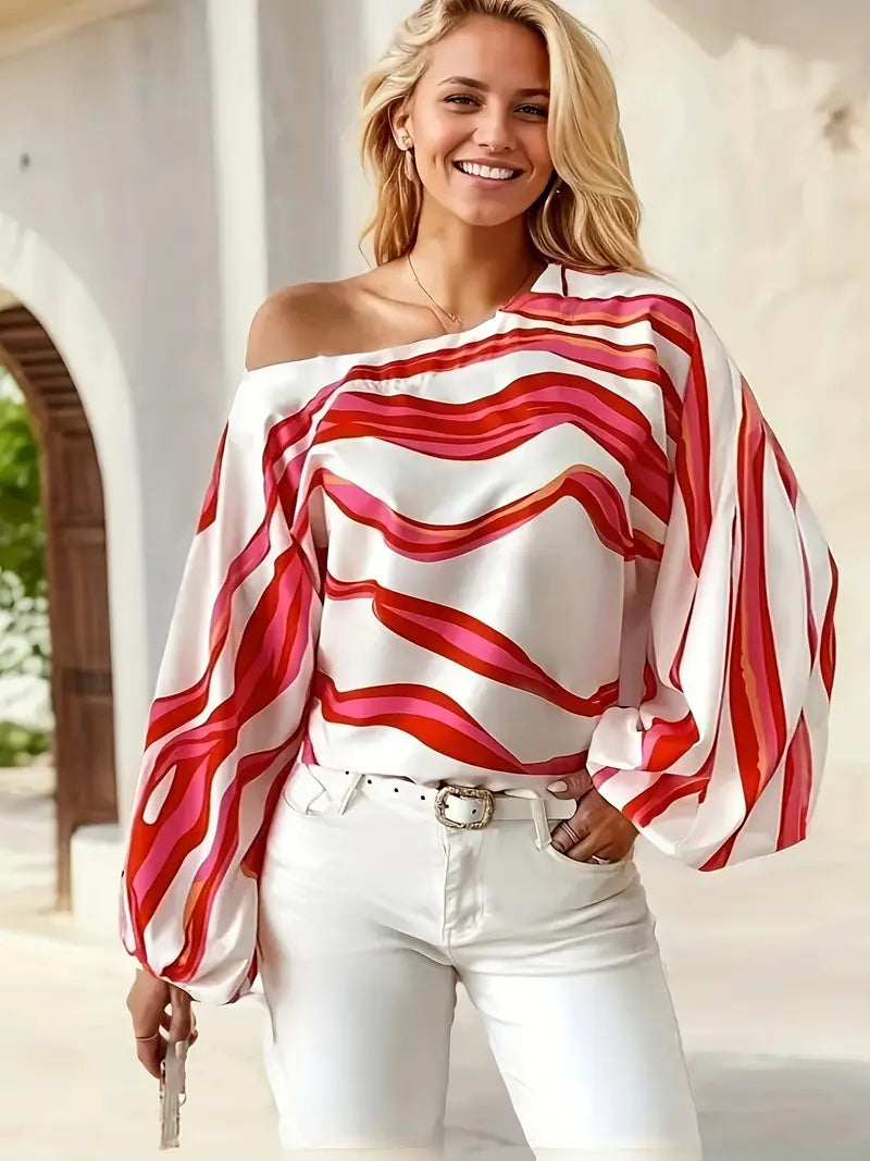 Heidi-Mode | Off-Shoulder-Bluse mit Geometrischem Muster für Damen