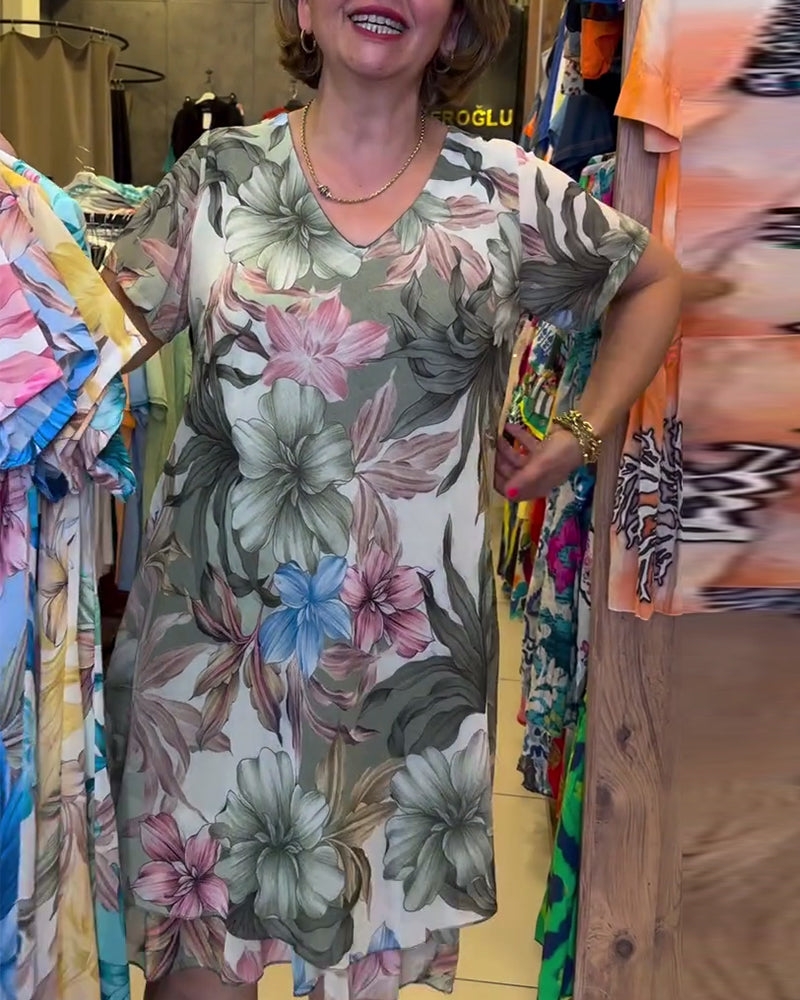 Kleid V-Ausschnitt Blumen Kurzärmlig Druck