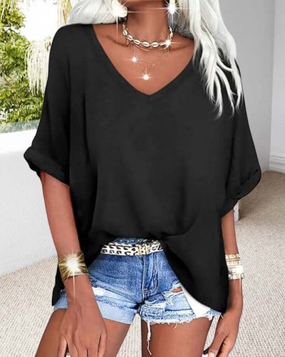 T-Shirt V-Ausschnitt Gerollter Saum Kurzärmlig Weit