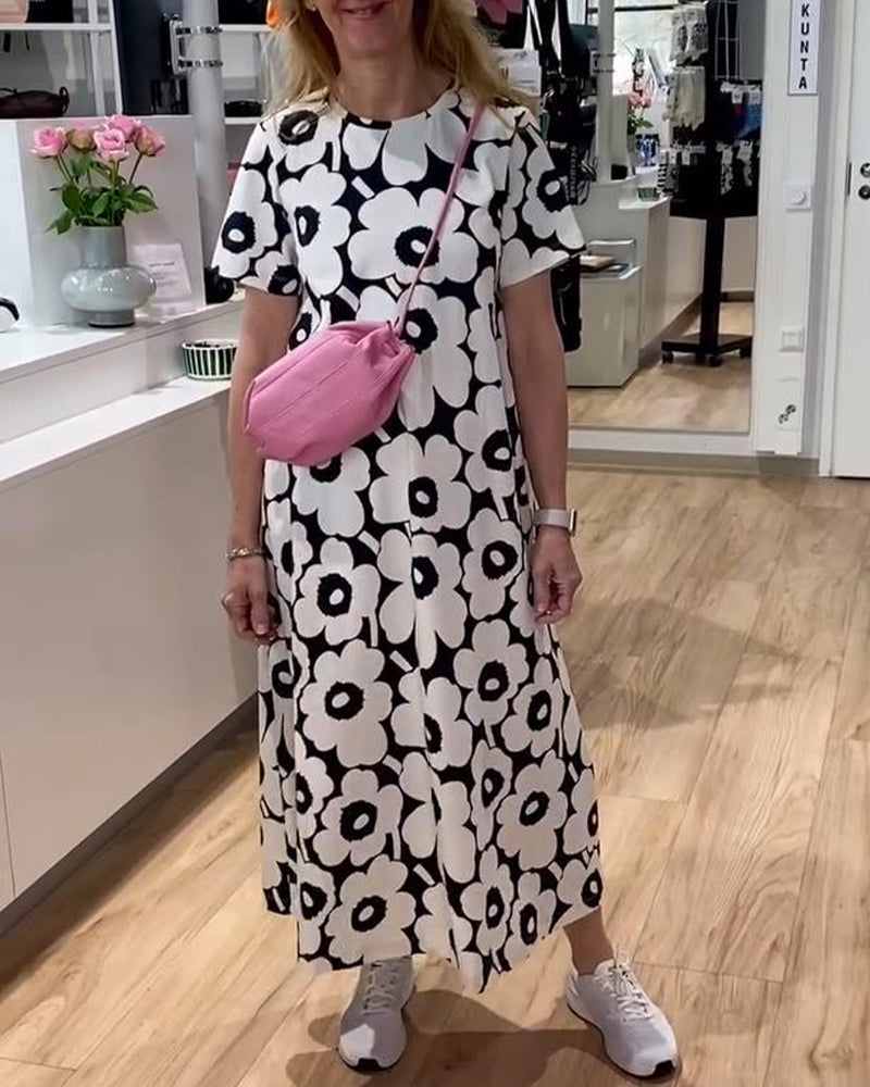 Kleid Kurzärmlig Blumenprint Maxi