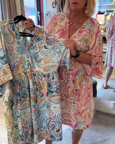 Kleid Halbärmliger V-Ausschnitt Bedruckt