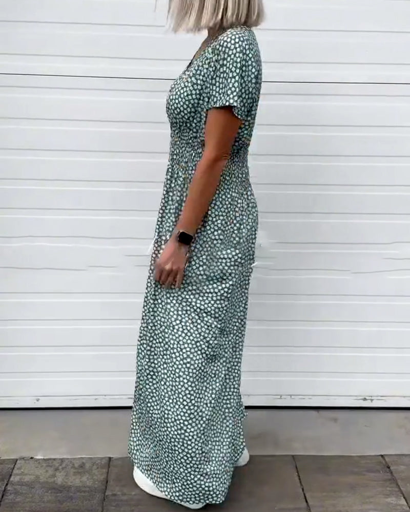 Kleid V-Ausschnitt Bedruckte Taille Kurzärmelig