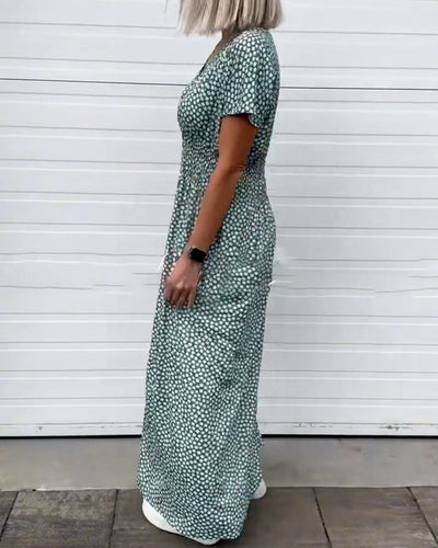 Kleid V-Ausschnitt Bedruckte Taille Kurzärmelig