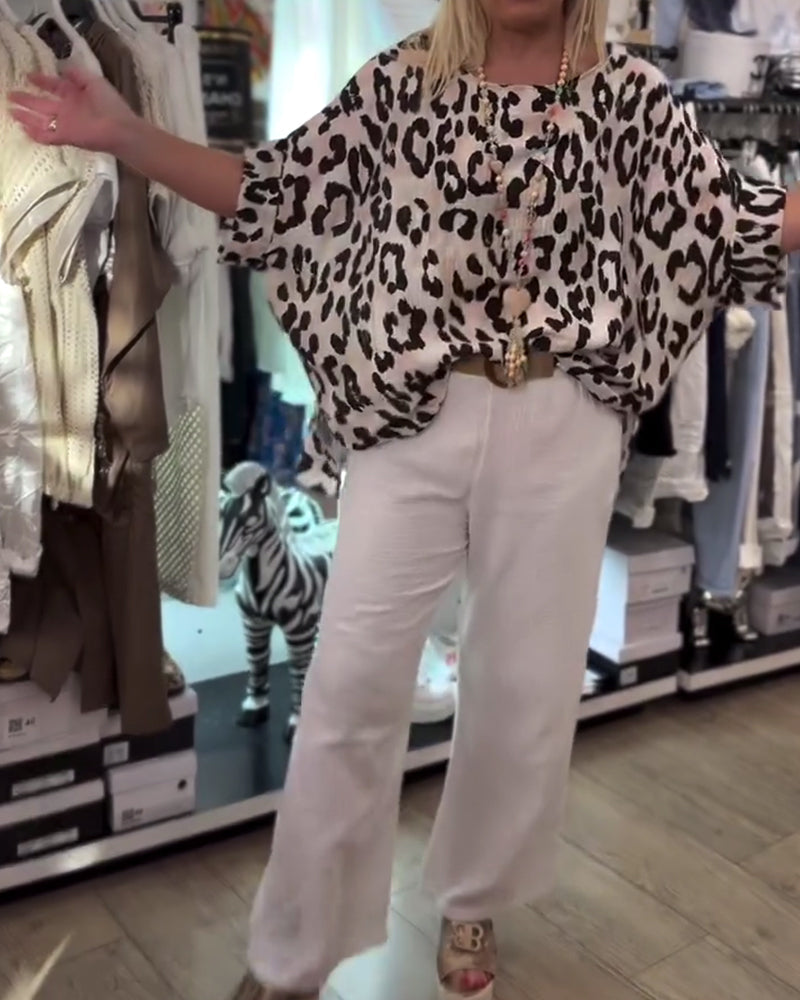 Bluse mit Rundhalsausschnitt Leopardenmuster locker